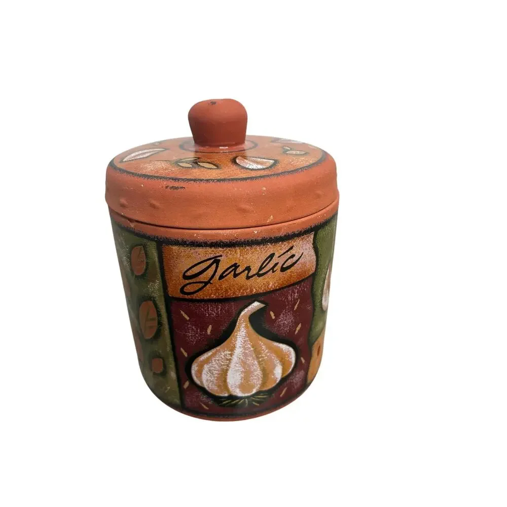 Terra Cotta Pottery Garlic Jar Keeper with Lid Vented Decorative 5.25